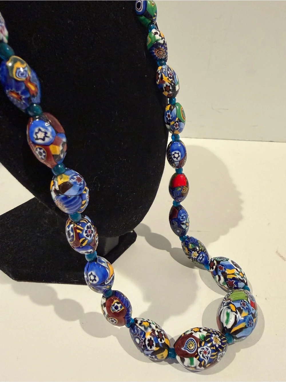 Millefiori Murano Glass Bead Necklace Long Graduated Multicolor Floral Statement